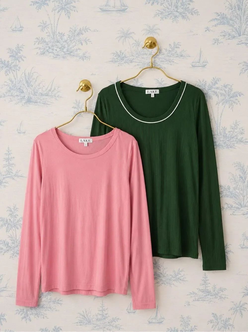 LAKE Modal Blend Long Sleeve Pajama Lounge Top Set (2) Pink & ribbed Forest Gree